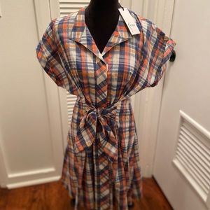 Finley Plaid Midi Dress in Blue, Orange, and Cream
